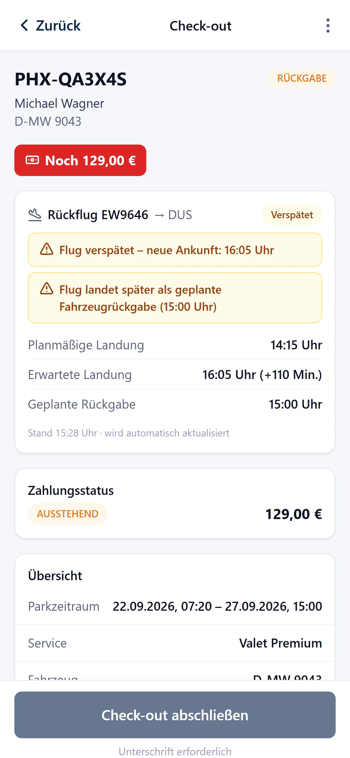 Leonix Mitarbeiter-App: Rückgabe mit Hinweis auf verspäteten Rückflug