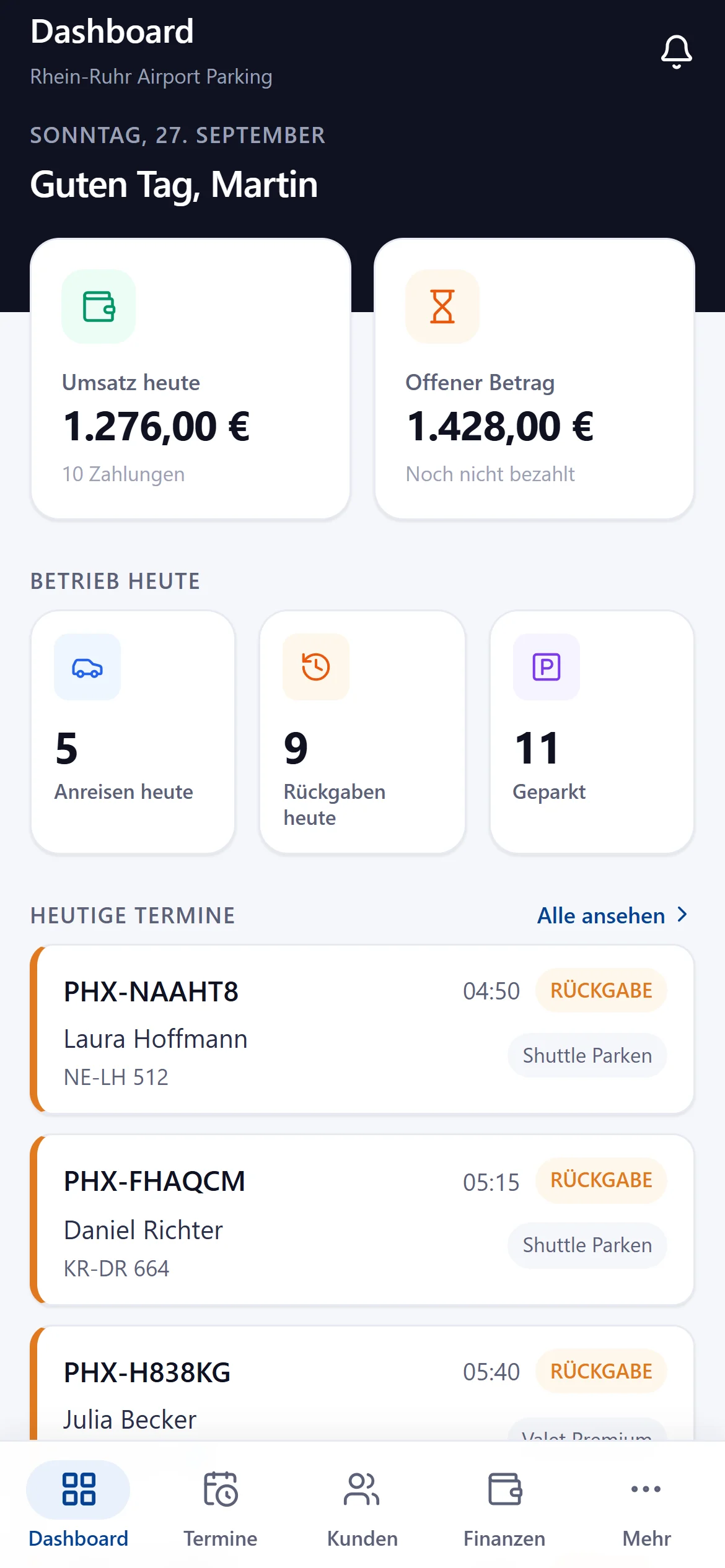 Leonix Inhaber-App: Dashboard mit Tagesumsatz und Betriebszahlen